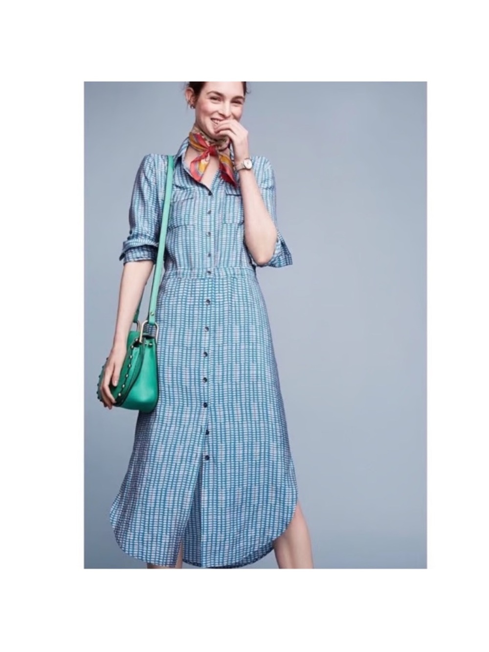 Maeve Anthropologie Jemima Shirt Dress Blue Button Front Long Sleeve size 8